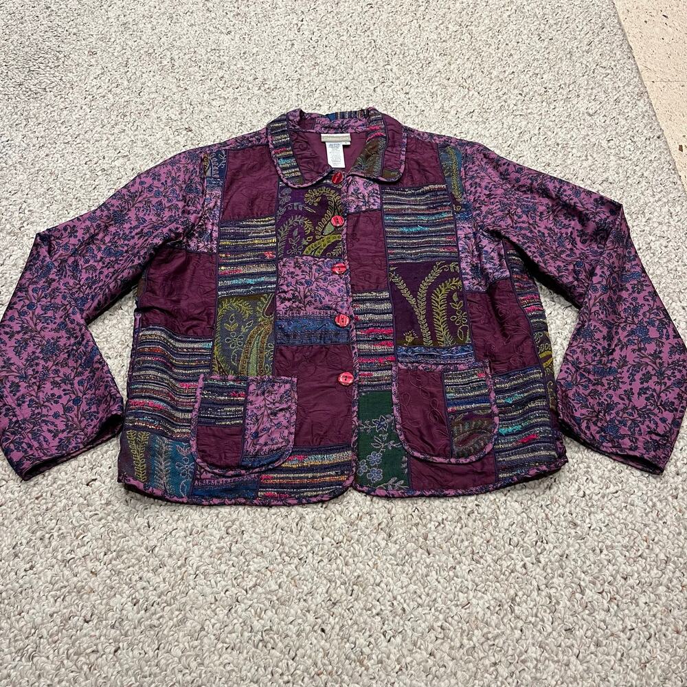 Coldwater Creek Silk Patchwork Jacket L Purple Cottagecore Casual Grandmacore